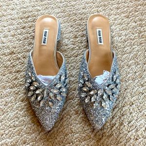 Silver glitter crystal mule shoes